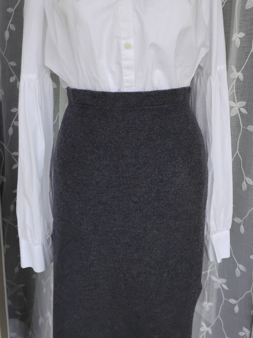 Anne Klein Merino Wool Knit Midi Skirt Charcoal Gray Classic Comfortable Size Lg